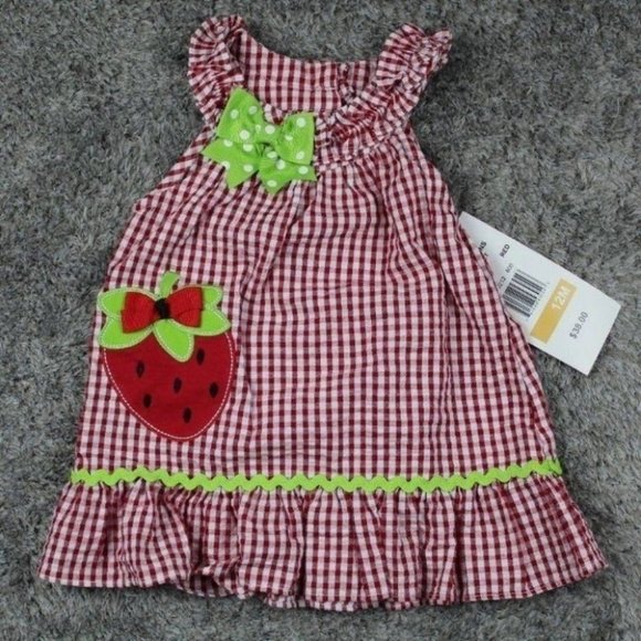 Rare Editions Baby Girls Strawberry Gingham Seersucker Dress Size 12M - Picture 3 of 8